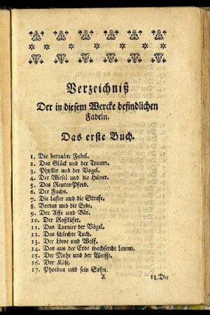 Verzeichniß Der in diesem Wercke befindlichen Fabeln.