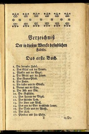 Verzeichniß Der in diesem Wercke befindlichen Fabeln.