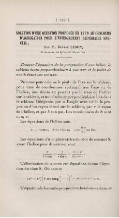 Solution d'une question proposée en 1879 au concours d'agrégation pour l'enseignement secondaire spécial.