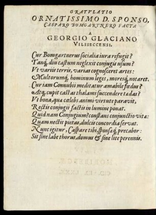 Gratulatio Ornatissimo D. Sponso, Casparo Bomgartnero Facta ...