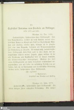 22. Erzbischof Antonius von Steichele an Döllinger : 1878. 1879 und 1886