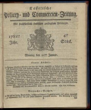 1781tes Jahr. 4tes Stück. Montag den 22ten Januar