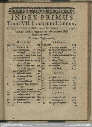 Index Primus. Tomi VII. Locorum Communium, continens dicta sacrae Scripturae passim explicata, partim sic allegata, ut ex ipsa cititatone dicti sensus appareat