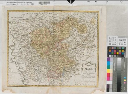 Mark (Grafschaft) Territorialkarte mit Kreisen, Ämtern und Gerichtsbezirken Charte von der Grafschaft Mark 1796 4 dt. Meilen = 12,9 cm 43 x 52 farb. Stich: Homanns Erben, Nürnberg