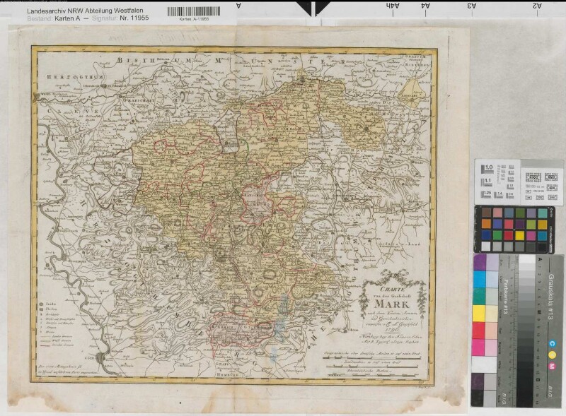 Mark (Grafschaft) Territorialkarte mit Kreisen, Ämtern und Gerichtsbezirken Charte von der Grafschaft Mark 1796 4 dt. Meilen = 12,9 cm 43 x 52 farb. Stich: Homanns Erben, Nürnberg