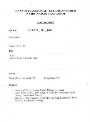 B.E.L., U.M.N. (United Mission to Nepal)