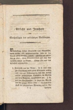 Absicht und Innhalt des Wochenblatts des aufrichtigen Volksarztes