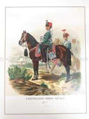 Uniformdarstellung, Offizier und Trompeter des 2. Westfälischen Husaren-Regiments No. 11 zu Pferd, Preußen, 1864. Tafel 54 aus: Schindler: Militair-Album.
