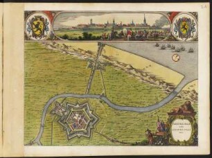 Festungsplan und Ansicht von Gravelines, 1:7 500, kolorierter Kupferstich, 1649 : Gravelinga Gallis Gravelines Dicta. [Ca. 1:7 500] / [Amsterdam] : [Joan Blaeu], [1649]. - 1 Plan : Kupferst. ; 49,7 x 29,7 cm, Bildgr. 49,7 x 38,5 cm. - Mit zwei Wappen. - NW oben. - Mit 1 Stadtansicht - Vermutl. aus: Novum Ac Magnum Theatrum Urbium Belgicae Foederatae. [Teil 2] : Ad praesentis temporis faciem expressum / a Ioanne Blaeu, Amstelaedamensi