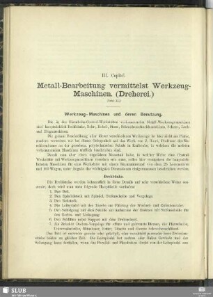 III. Capitel. Metall-Bearbeitung vermittelst Werkzeug-Maschinen (Dreherei)