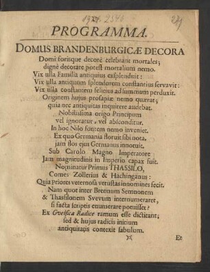 Programma. Domus Brandenburgicae Decora ...