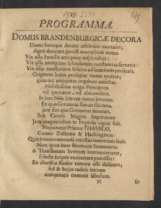 Programma. Domus Brandenburgicae Decora ...
