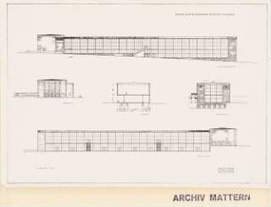 Deutsche Gartenschau 1950 auf dem Killesberg, Stuttgart: Ausstellungshalle Ansichten, Schnitt 1:200