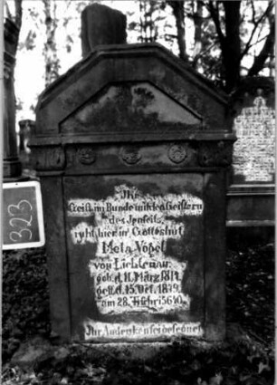Grabstein 323 (Index: 100111972) Material: Sandstein Zustand: leicht verwittert Maße HxBxT: 117x73x16 cm Beschreibung: ädikulaartige Stele mit Pilastern, giebelartiger Abschluß, oben abgeflacht, Schriftfeld von Pfeilern umrahmt Symbolik: Blüten: Grabstein 323