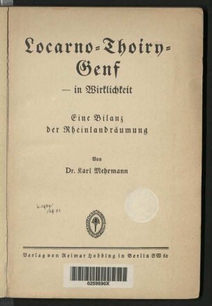 Locarno, Thoiry, Genf in Wirklichkeit : e. Bilanz d. Rheinlandbesetzung