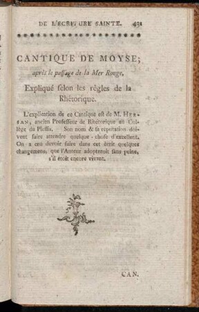 Cantique De Moyse; après le passage de la Mer Rouge, [...]