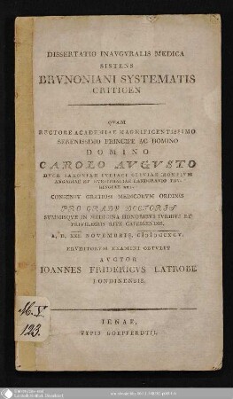 Dissertatio Inavgvralis Medica Sistens Brvnoniani Systematis Criticen