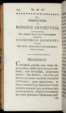 XIV. Dissertatio de remediis antisepticis.
