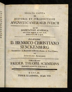 1-28, Selecta Capita De Historia Et Ivrisdictione Avgvsti Cameralis Ivdicii.