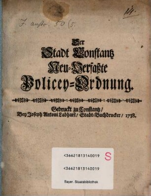 Der Stadt Constantz Neu-Verfaßte Policey-Ordnung