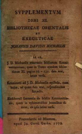 Supplementum Tomi duodecimi Bibliothecae orientalis ... J. D. Michaelis