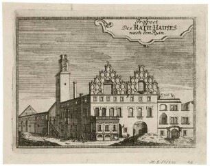 Das Rathaus in Zittau in der Oberlausitz nach dem Bombardement durch österreichische Truppen gegen die preußische Besatzung am 23. Juli 1757 während des Siebenjährigen Krieges, aus Montalegres Sechs Stadt Zittau