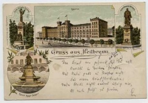 "Gruss aus Heilbronn" - Mehrbildkarte, 4 Motive: Füsilierkaserne (später Moltkekaserne), Kaiser-Wilhelm-Denkmal, Robert-Mayer-Denkmal, Kaiser-Friedrich-Denkmal
