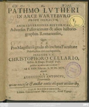 De Pathmo Lutheri In Arce Warteburg Prope Isenacum, Animadversiones Historicae Adversus Pallavicinum & alios historiographos Romanenses