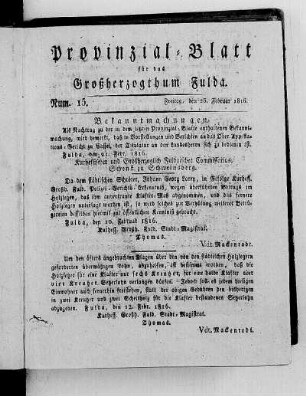 Num. 15., Ausgabe vom 25. Februar 1816