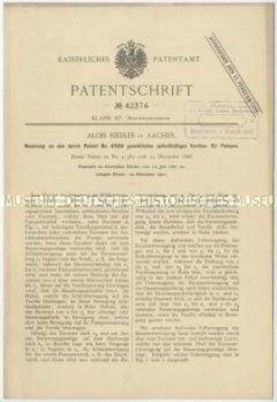 Patentschrift einer Neuerung an den durch Patent Nr. 41580 geschützten selbsttätigen Ventilen für Pumpen, Patent-Nr. 42374