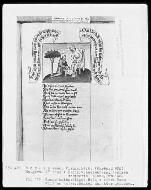 Heinrich von Laufenberg, Regimen sanitatis, deutsch — Ein Mann wird am Unterschenkel zur Ader gelassen, Folio 122recto
