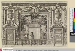 [Alkoven mit einem Paar vor einer Balustrade; Dans une alcôve, devant le lit, un homme salue une femme]