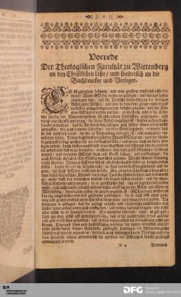 Vorrede der Theologischen Facultät zu Wittenberg an den Christlichen Leser