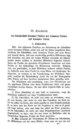 VI. Abschnitt. Der Durchschnitt krummer Flächen mit krummen Flächen und krummen Linien.