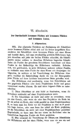 VI. Abschnitt. Der Durchschnitt krummer Flächen mit krummen Flächen und krummen Linien.