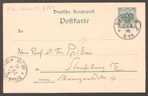 Postkarte an Friedrich Spitta : 21.04.1896