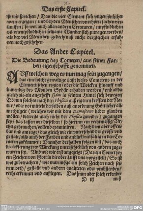 Das Ander Capitel. Die Bedeutung des Cometen/aus seiner Farben eigenschafft genommen.