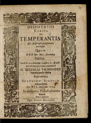 Disputatio Ethica De Temperantia Ex Aristotele potissimum excerpta