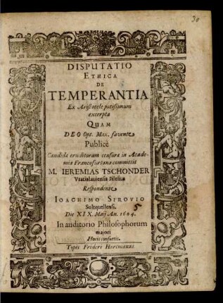 Disputatio Ethica De Temperantia Ex Aristotele potissimum excerpta