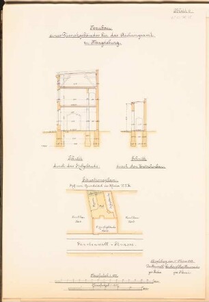Eichamt, Magdeburg: 2 Schnitte 1:100, Lageplan 1:500