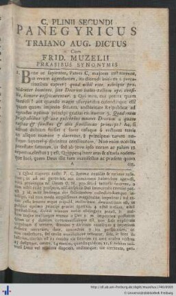 C. Plinii Secundi Panegyricus Traiano Aug. Dictus Cum Frid. Muzelii Phrasibus Synonymis.