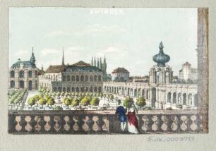 Ansicht vom Zwinger Innenhof in Dresden, Lithografie, um 1840 : Zwinger. [S.l.], [um 1840]. - 1 Kunstbl. : kol. Lithogr. ; 8,6 x 5,5 cm.