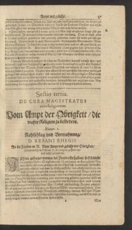 Sectio tertia. De Cura Magistratus circa Religionem. Vom Ampt der Obrigkeit/ die wahre Religion zu befördern.
