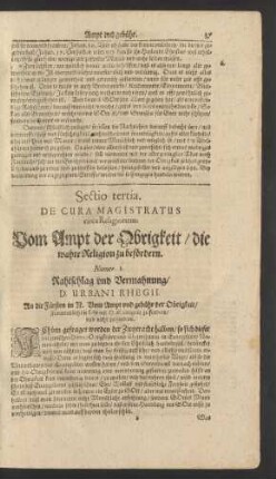Sectio tertia. De Cura Magistratus circa Religionem. Vom Ampt der Obrigkeit/ die wahre Religion zu befördern.
