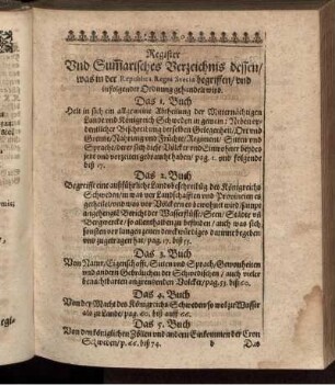 Register Und Sum[m]arisches Verzeichnis dessen/ was in der Republica Regni Sveciae begriffen/ und in folgender Ordnung gehandelt wird (1. - 9. Buch)