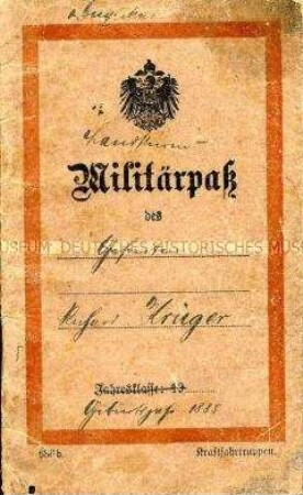 Landsturm-Militärpass von Richard Krüger mit Vermerk über die Teilnahme an Kämpfen im Palästina