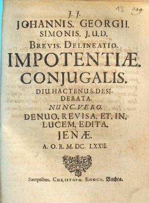 J. J. Johannis Georgii Simonis J.U.D. Brevis Delineatio Impotentiae Conjugalis