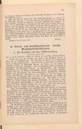 G. Staats- und Gesellschaftskunde. Gesetze. Wohlfahrtseinrichtungen