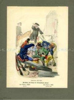 Feldprediger, Grenadiere des Frei-Korps Schony (F III),"Grüner Kroat" des Frei-Korps Kleist (F II), Preußen 1761/1763. Aus Lange/Menzel: Die Soldaten Friedrichs des Großen.