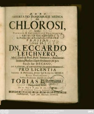 Dissertatio Inauguralis Medica De Chlorosi